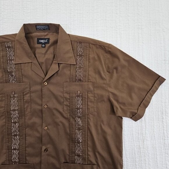 Omega Cubavera Shirt Mens XL Button Down Brown Embroidered 4 Pocket Italy EUC LN - Picture 4 of 14